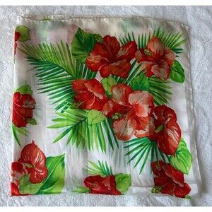 Accessory Street 100% Silk Scarf 34" Square Floral Red White Green Hibiscus
